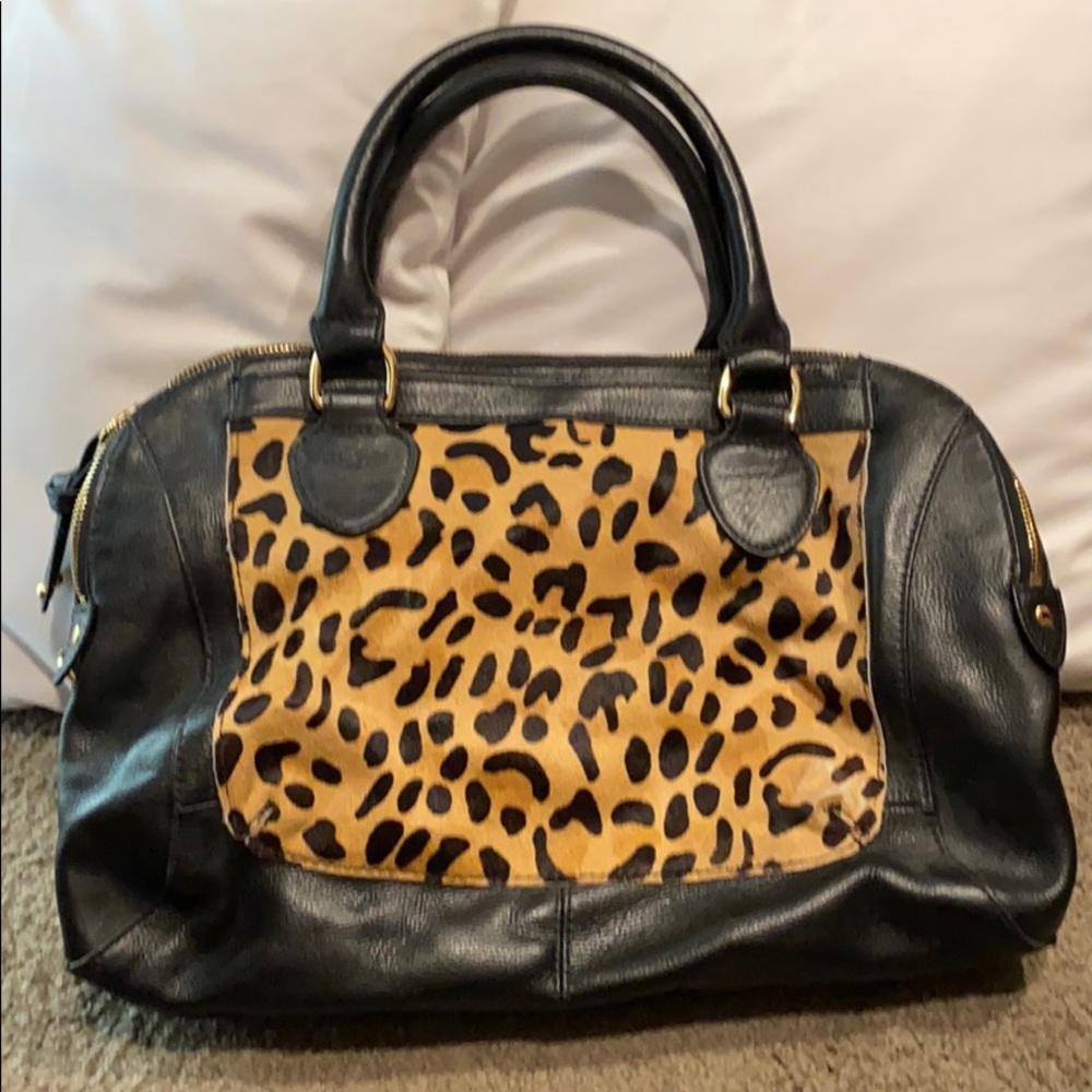 Black Leather Leopard Print Satchel